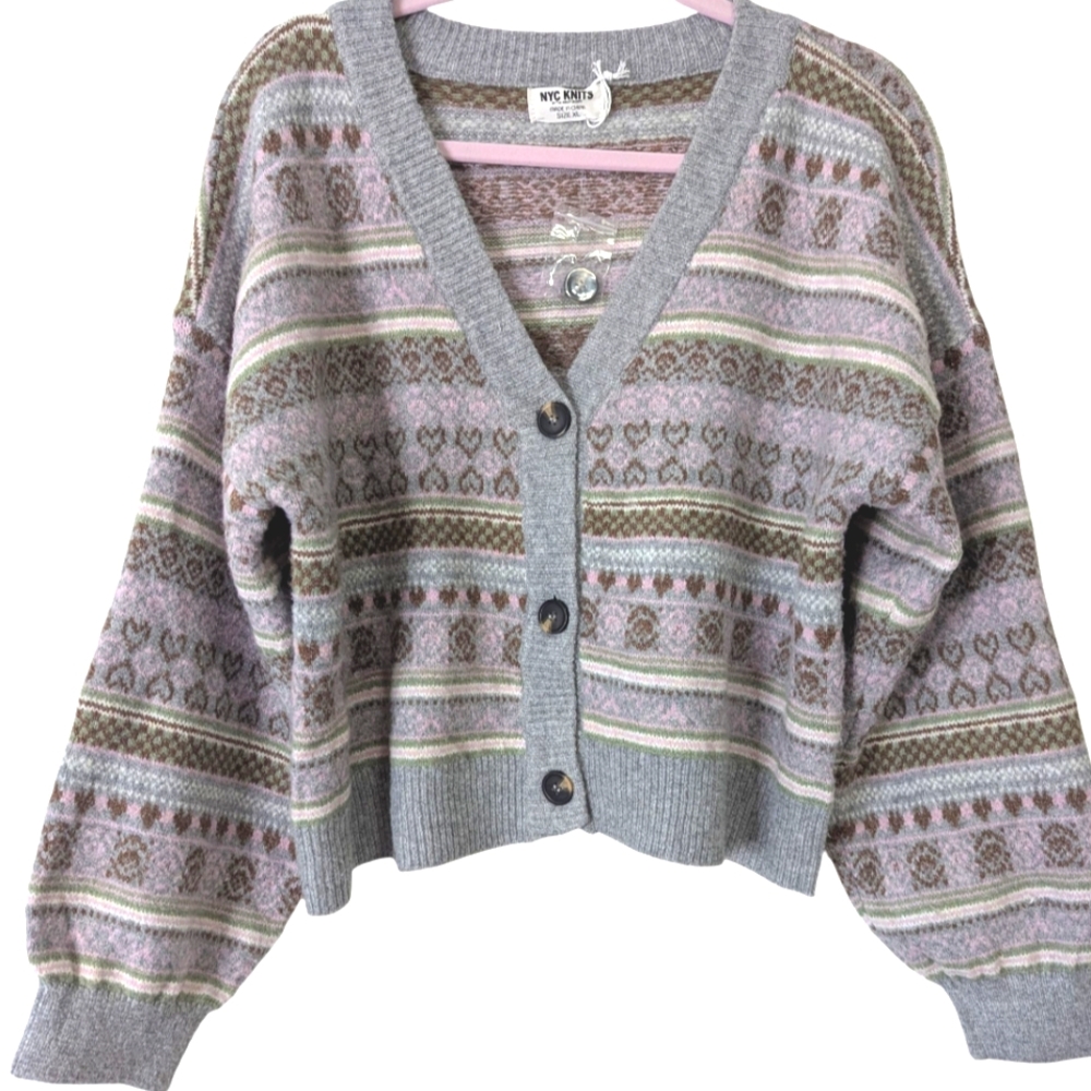 NYC Knits Fair Isle V-Neck Crop Cardigan...Size XL